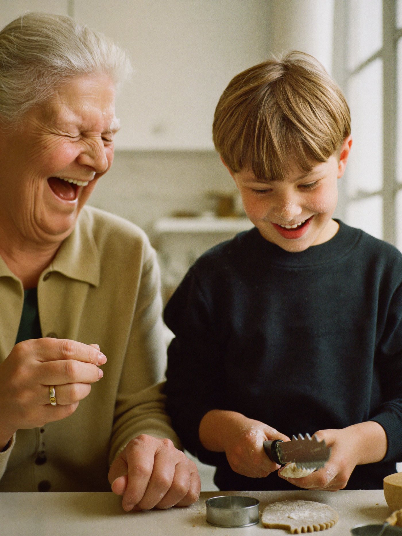 Une grand-mère et son petit-fils pétrissent une pâte dans une cuisine ensoleillée